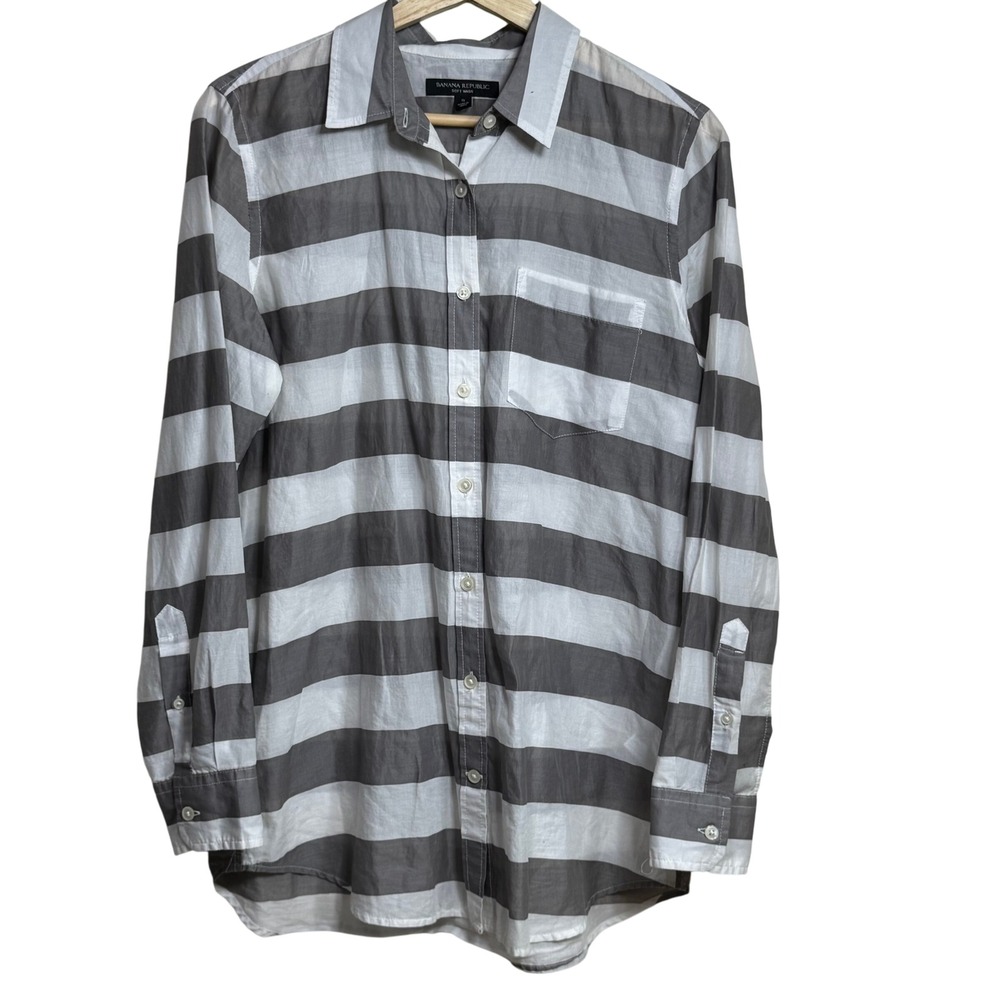 Banana‎ Republic Soft Wash Striped Button Down  Womens  S Grey White Long Sleeve
